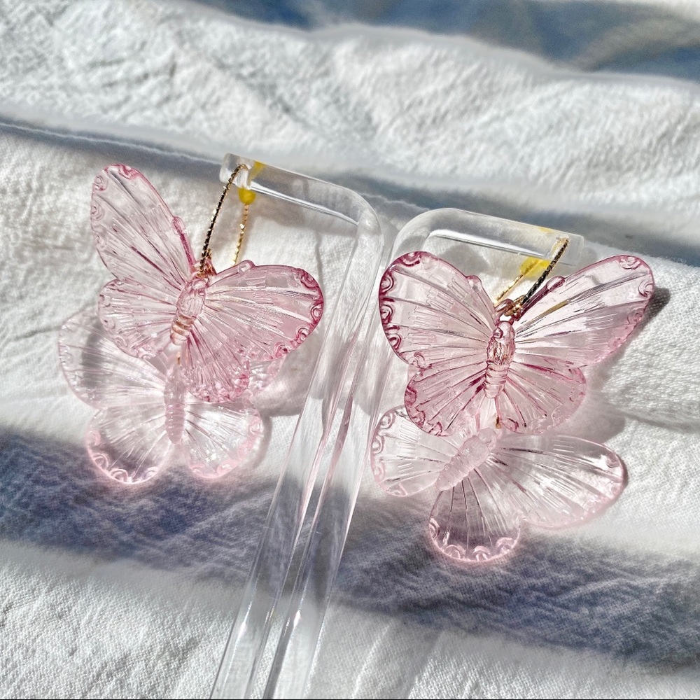Handmade pink transparent butterfly earrings